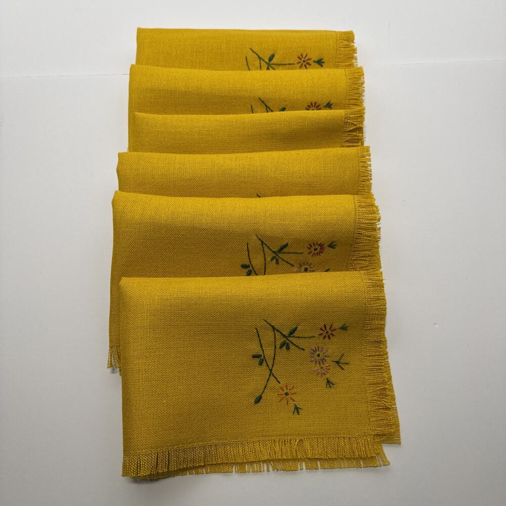 6 Golden Yellow Placemats Embroidered Red ,Purple, Pink ,Orange Flowers